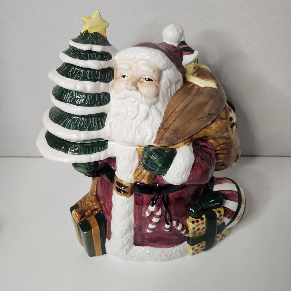 Large Rose Garden Ceramic Christmas Santa Claus w/Tree, Toy, And Bag Cookie Jar